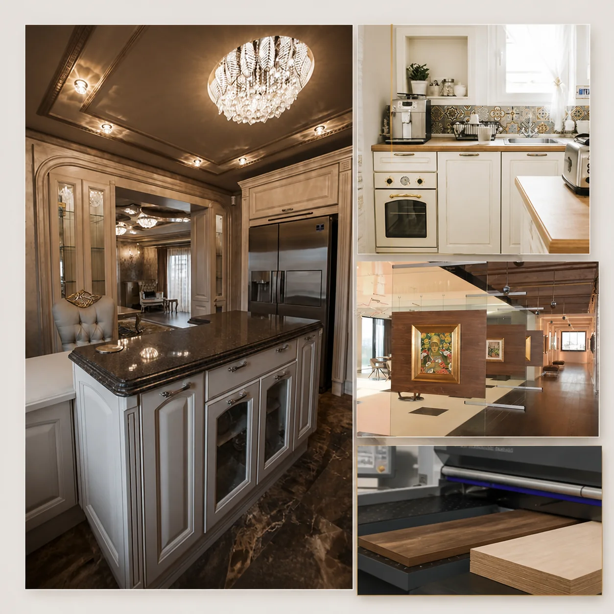 Collage of interior projects and machine detail